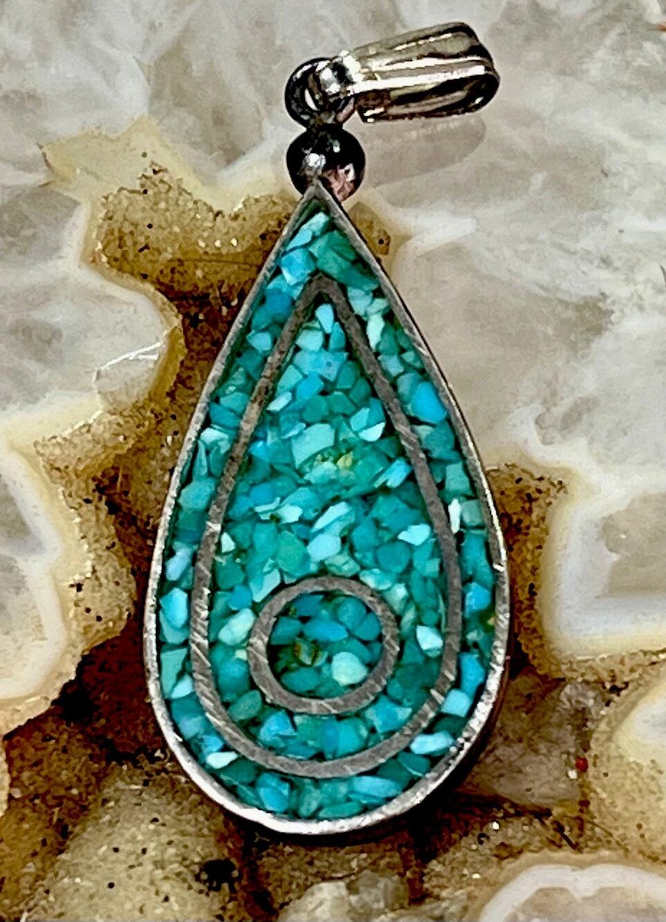 VTG Southwestern Turquoise Mosaic Inlay Sterling Silver Teardrop Pendant 3.7g
